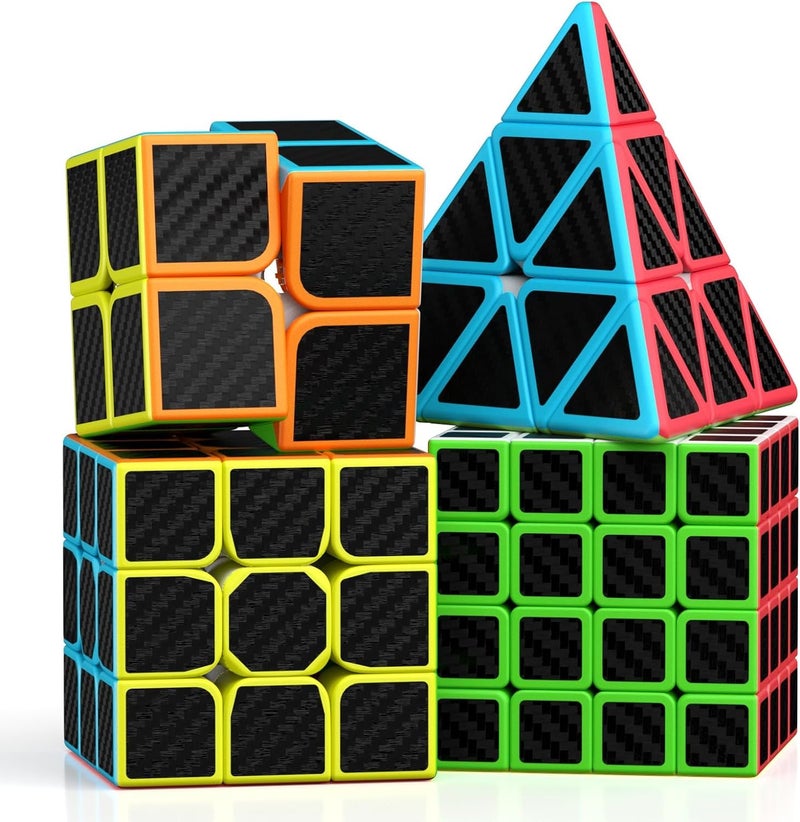 Roxenda Speed Cube Set, Speed Cube Bundle of 2x2 3x3 4x4 and Pyramid Cube Smoothly Magic Cubes Collection for Kids Teens & Adults [4 Pack] (Carbon Fiber) - Image 1